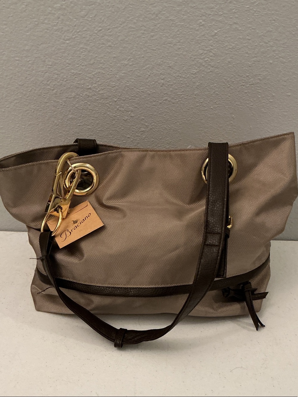BracianoTaupe Nylon Shoulder Bag with Dark Brown Leather Trim